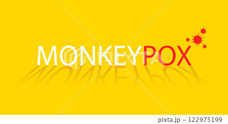 Banner with yellow background and text in red and white Monkeypox and with a small virus icon. The concept of a new monkey pox virus. Vector illustration. Banner with yellow background and text in red and white Monkeypox and with a small virus icon. The concept of a new monkey pox virus. Vector illustration. 122975199
