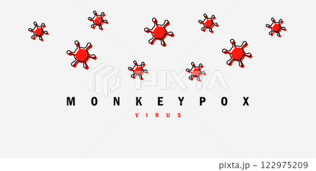 Banner with vector illustration of the red virus. The concept of the spread of monkeypox disease. Vector clipart illustration monkey pox. Banner with vector illustration of the red virus. The concept of the spread of monkeypox disease. Vector clipart illustration monkey pox. 122975209
