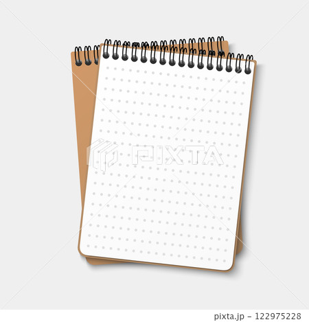 A notebook with a horizontal spring coil lies on top of another notebook. Notepad with dotted white sheet. Vector illustration isolated on white background A notebook with a horizontal spring coil lies on top of another notebook. Notepad with dotted white sheet. Vector illustration isolated on white background 122975228