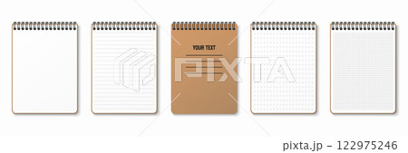 Realistic notepad. Lined, gridded and dotted sheets. Blank sheets of notebook with grid for homework and exercises. Horizontal spiral. Creative vector illustration mock up diary. Realistic notepad. Lined, gridded and dotted sheets. Blank sheets of notebook with grid for homework and exercises. Horizontal spiral. Creative vector illustration mock up diary. 122975246