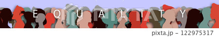 Word - Equality. Silhouette profile group of men and women of diverse culture. Diversity multi-ethnic and multiracial people. Concept of racial equality and anti-racism. Multicultural society. 122975317