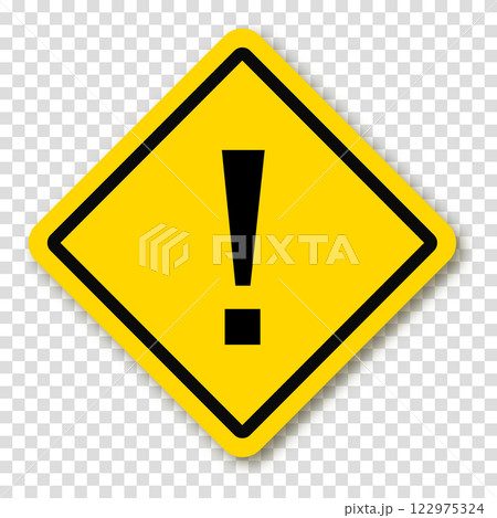 Exclamation point in yellow square or rhombus with shadow. Symbol of caution. Danger warning mark sign. Vector illustration on a transparent background. Exclamation point in yellow square or rhombus with shadow. Symbol of caution. Danger warning mark sign. Vector illustration on a transparent background. 122975324