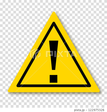 Exclamation point or mark in yellow triangle with shadow. Symbol of caution. Danger warning sign. Vector illustration on a transparent background. Exclamation point or mark in yellow triangle with shadow. Symbol of caution. Danger warning sign. Vector illustration on a transparent background. 122975326