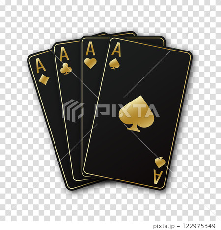 A fan of playing cards consisting of four black and golden Ace of Spades, Diamonds, Clubs, Hearts. Vector illustration poker and casino of all the aces on a transparent background. 122975349