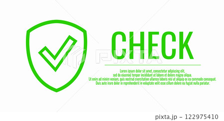 Shield green icon with check mark. Data protection concept. verified information. Text - CHECK. Vector illustration on white isolated background. 122975410