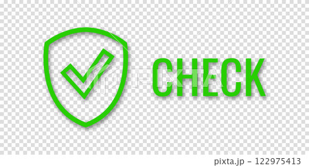 Banner shield check mark icon. Place for your text. Cope space. Vector illustration. Transparent background. Word CHECK. 122975413