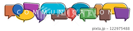 Word communication with colorful multicolored dialog speech bubbles. Vector illustration of communication concept on white isolated background. Word communication with colorful multicolored dialog speech bubbles. Vector illustration of communication concept on white isolated background. 122975488