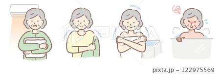 ヒートショック シニア女性のイラストセット ヒートショック シニア女性のイラストセット 122975569