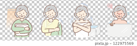 ヒートショック シニア女性のイラストセット ヒートショック シニア女性のイラストセット 122975569
