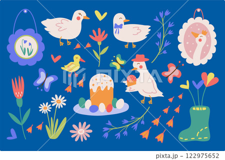 Easter design collection of cute geese, ducks, frames, Easter cakes, Easter eggs, flowers, butterflies. Vector illustration with elements of a spring holiday. Easter design collection of cute geese, ducks, frames, Easter cakes, Easter eggs, flowers, butterflies. Vector illustration with elements of a spring holiday. 122975652
