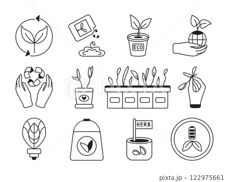 Growing plants, a set of vector linear icons. The includes plants, sprouts, ecological emblems, Green energy, planet Earth, Symbol of recycling, Seedlings. Biotechnologies, environmental protection. Growing plants, a set of vector linear icons. The includes plants, sprouts, ecological emblems, Green energy, planet Earth, Symbol of recycling, Seedlings. Biotechnologies, environmental protection. 122975661
