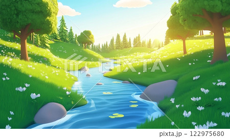 穏やかな小川が流れる自然のイラスト 122975680