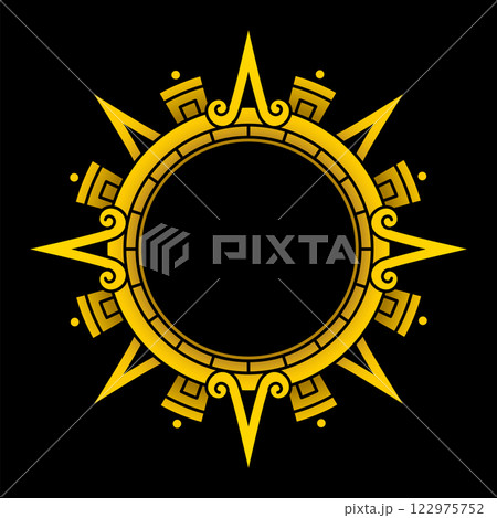 Golden Aztec solar disk, sun symbol, and diadem, representing the Aztec sun deity Tonatiuh. Arrows or sun rays pointing in cardinal directions, with further subdivisions for inter-cardinal directions. Golden Aztec solar disk, sun symbol, and diadem, representing the Aztec sun deity Tonatiuh. Arrows or sun rays pointing in cardinal directions, with further subdivisions for inter-cardinal directions. 122975752