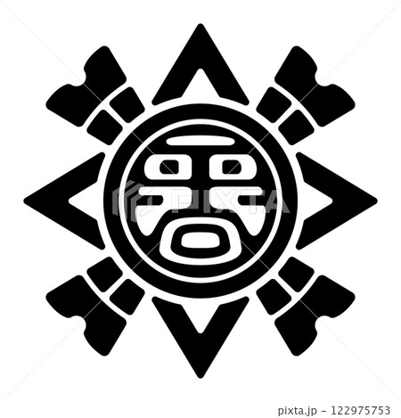 Sun emblem, an ancient Mexican motif for flat clay stamps. Pre-Columbian symbol, representing the Aztec sun deity Tonatiuh, found in Veracruz. Isolated black and white illustration over white. Vector Sun emblem, an ancient Mexican motif for flat clay stamps. Pre-Columbian symbol, representing the Aztec sun deity Tonatiuh, found in Veracruz. Isolated black and white illustration over white. Vector 122975753