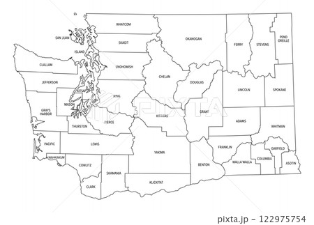 State of Washington subdivided into 39 counties, outline map. Westernmost state in the Pacific Northwest region of United States, nicknamed The Evergreen State. Map with boundaries and county names. 122975754