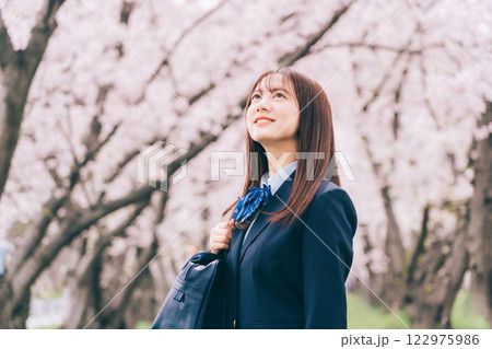 桜を眺める女子高生 桜を眺める女子高生 122975986