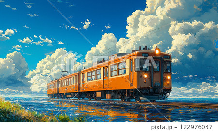 青空と海岸沿いを走る電車のイラスト	 122976037