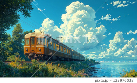 青空と海岸沿いを走る電車のイラスト	 122976038