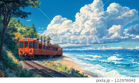 青空と海岸沿いを走る電車のイラスト	 122976048