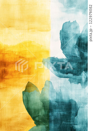 Abstract composition with green and blue floral shapes on a textured yellow and white gradient background. 122976082