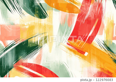 Abstract illustration featuring vibrant green, red, orange, and yellow brushstrokes on a light textured background. 122976083