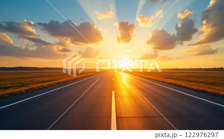 A beautiful sunset lighting up a peaceful road, bringing warm tones to the surroundings and fostering a calm sense of liberty and tranquility.  122976297