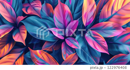 Abstract close-up of colorful tropical leaves in vibrant shades of pink, blue, orange, and purple, creating a dynamic and artistic composition with soft lighting. 122976408