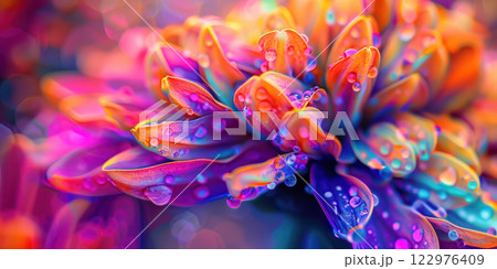Abstract close-up of vibrant multicolored petals covered with water droplets, creating a dynamic and surreal floral composition. 122976409