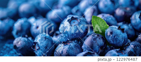 Close-up of fresh and vibrant blueberries with water droplets, highlighting their deep blue color and natural texture. 122976487