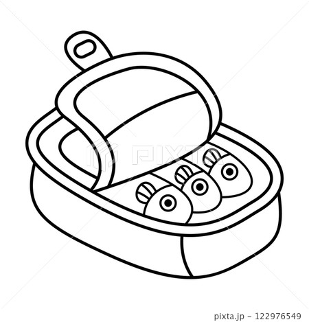 Canned Fish Vector Illustration. Black and white vector illustration of an opened tin can containing three cartoon-style fish. The simple, clean line art depicts the fish with large, round eyes. Canned Fish Vector Illustration. Black and white vector illustration of an opened tin can containing three cartoon-style fish. The simple, clean line art depicts the fish with large, round eyes. 122976549