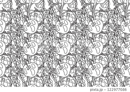 Line art seamless pattern with growing tomatoes vector illustration. Hand drawn outline repeating vegetables pattern background. Graphic design for Wallpaper Coloring Book Textile Cover Fashion Print Line art seamless pattern with growing tomatoes vector illustration. Hand drawn outline repeating vegetables pattern background. Graphic design for Wallpaper Coloring Book Textile Cover Fashion Print 122977086