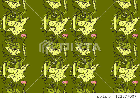 Botanical seamless pattern with cartoon growing green peas vector illustration.Repeating vegetables pattern in green color background. Graphic design for Wallpaper Fashion Textile Cover Birthday Print Botanical seamless pattern with cartoon growing green peas vector illustration.Repeating vegetables pattern in green color background. Graphic design for Wallpaper Fashion Textile Cover Birthday Print 122977087