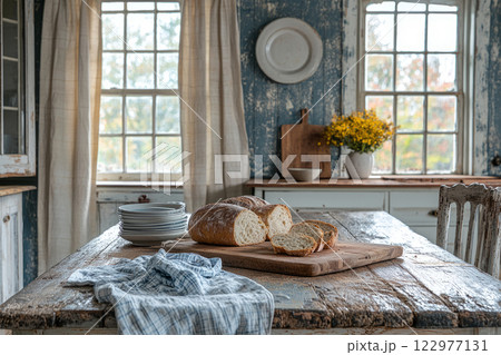 Rustic kitchen with fresh bread and vintage decor 122977131