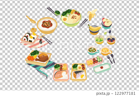 Cute Asian lunch box with delicious and healthy rice, vegetables and fruits 122977181