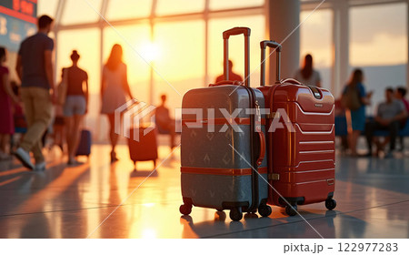 At a colorful sunset, two pieces of luggage are positioned in an airport, reflecting light that accentuates the building's architecture and represents travel and change. At a colorful sunset, two pieces of luggage are positioned in an airport, reflecting light that accentuates the building's architecture and represents travel and change. 122977283