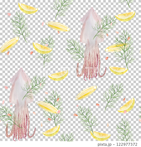 Squid, lemon, dill and pink salt watercolor seamless pattern isolated on white background, hand drawn for food design. Spice box, restaurant menu, packaging, cards, food ads, labels decor and design Squid, lemon, dill and pink salt watercolor seamless pattern isolated on white background, hand drawn for food design. Spice box, restaurant menu, packaging, cards, food ads, labels decor and design 122977372