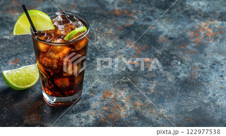 Glass of Cuba Libre cocktail with ice cubes and lime slices on a dark textured surface, perfect for bar menus or cocktail promotions. 122977538