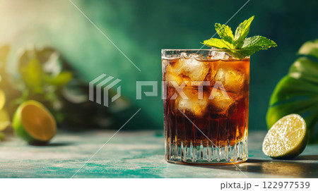 Refreshing glass of Cuba Libre cocktail with ice, mint, and lime on a green background, ideal for summer drink promotions. 122977539