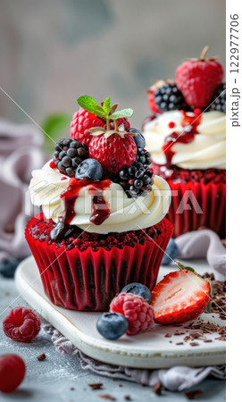 Delicious red velvet cupcakes topped with creamy frosting, fresh berries, and berry sauce. Delicious red velvet cupcakes topped with creamy frosting, fresh berries, and berry sauce. 122977706