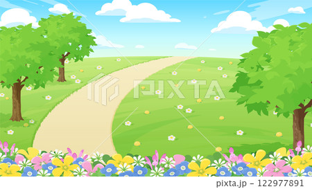 春の花が咲いた芝生の公園の風景イラスト_16:9 122977891