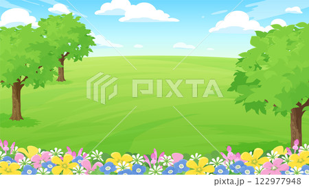 春の花が咲いた芝生の公園の風景イラスト_16:9 春の花が咲いた芝生の公園の風景イラスト_16:9 122977948