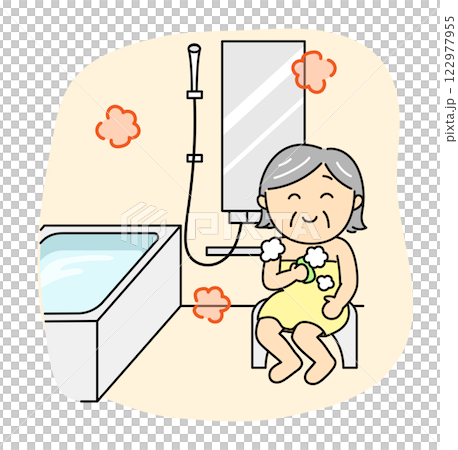 Smiling senior woman washing her body in a warm bathroom Smiling senior woman washing her body in a warm bathroom 122977955