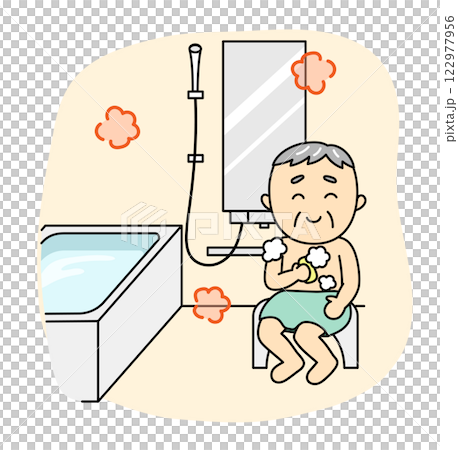 Smiling senior man washing his body in a warm bathroom Smiling senior man washing his body in a warm bathroom 122977956
