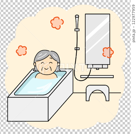 気持ちよさそうにお風呂に入る笑顔のシニア女性 122977959