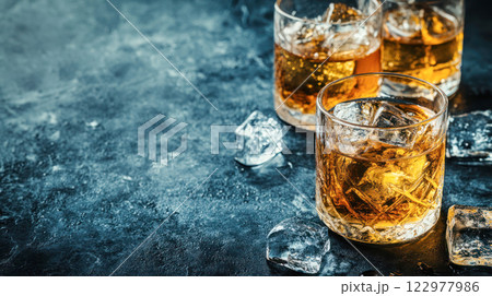 Two glasses of whiskey with ice cubes on a textured surface, with space for text, ideal for beverage branding, product advertising, or bar menu presentations. 122977986