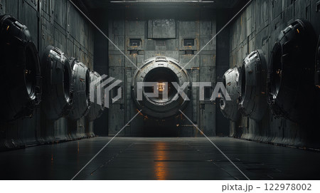 Futuristic industrial metallic corridor with large circular vault doors in dimly lit environment with atmospheric sci-fi ambiance 122978002