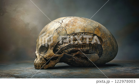 Mysterious alien skull with futuristic design and intricate details in dark atmospheric setting depicting extraterrestrial lifeform 122978003
