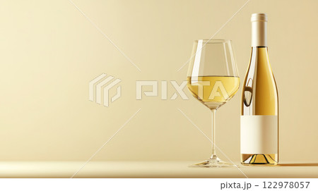 Wine bottle and glass of white wine on light background with empty label for branding and space for text. 122978057
