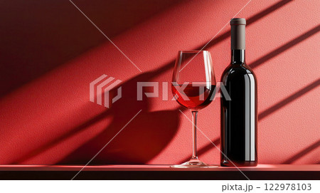 Bottle of red wine with a glass in dramatic lighting on a red background, perfect for wine advertising or luxury dining promotions. Bottle of red wine with a glass in dramatic lighting on a red background, perfect for wine advertising or luxury dining promotions. 122978103
