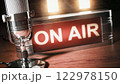 Microphone and on air board. Vintage radio, podcast, broadcasting studio.. 122978150
